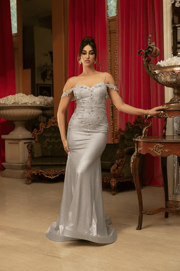 Women's May Queen evening elegant Gown Prom 2026 Cold Shoulder Sheath Dress MQ2103 Silver 16