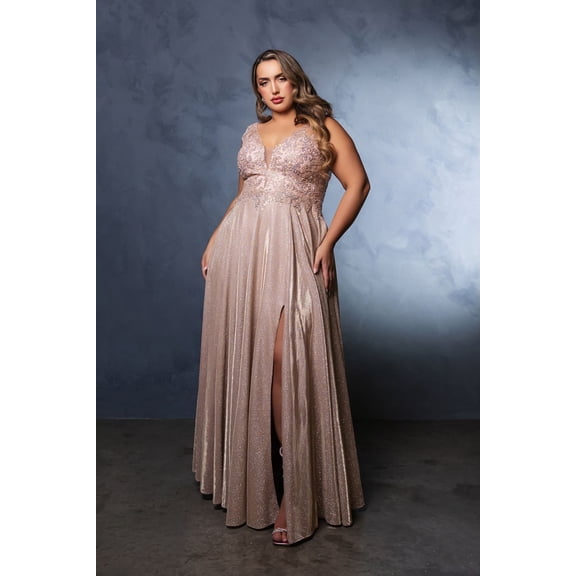 Women's May Queen evening elegant Gown with Beaded Corset Bodice & High Slit Prom 2026 Dress MQ2168 Champagne Goldish Beige 16