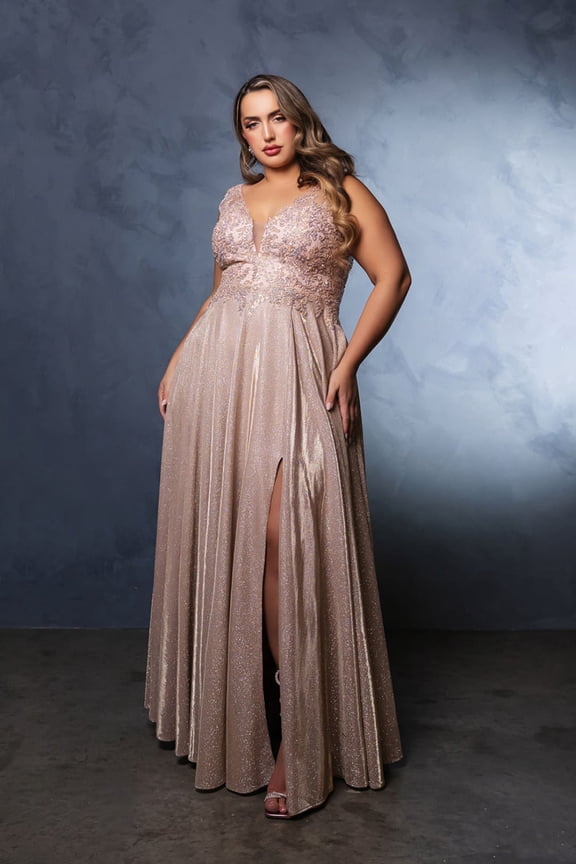 Women's May Queen evening elegant Gown with Beaded Corset Bodice & High Slit Prom 2026 Dress MQ2168 Champagne Goldish Beige 16