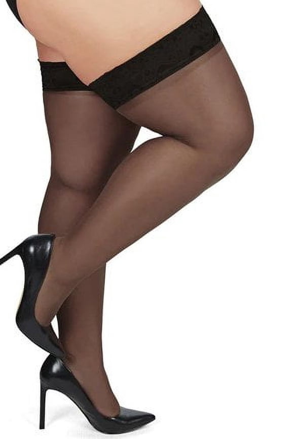 Women's Plus Size Curvy 20-Denier Silky-Sheer Lace-Top Thigh-High Stocking - Womens - Female, 5X-6X, Black