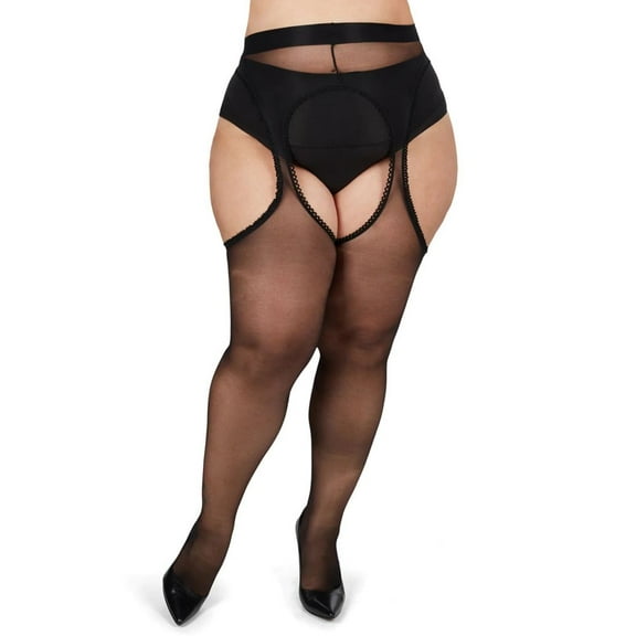 MeMoi Plus Size Curvy Suspender Lace Trim Pantyhose - Womens - Female (1X/2X, Black)