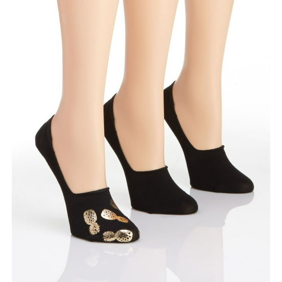 MeMoi Women's 3 Pair Pack Golden Pineapples No Show Liner Socks - Womens - Female (One Size, Black/Gold)
