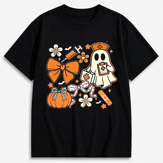 Women's Medical Ghost Bow First Aid Pumpkin Nurse Halloween Shirt, Medical Graphic Short Sleeve T-Shirt