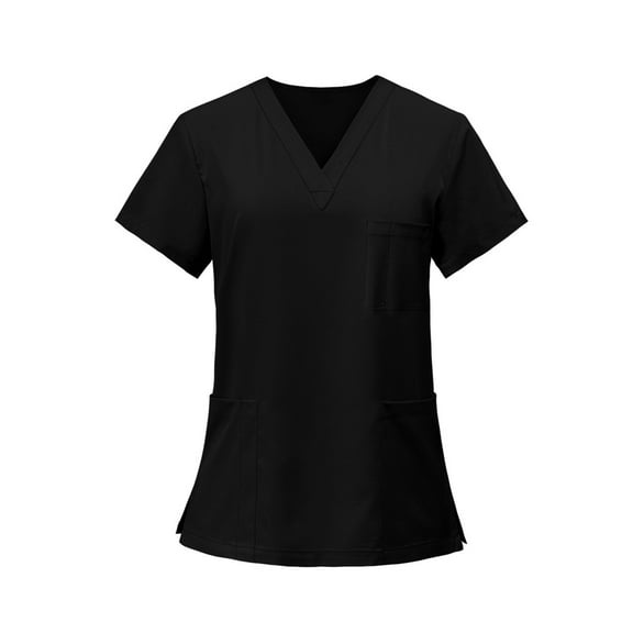 Women's Medical Scrub Tops, Lightweight Nursing Shirt - V-Neck All-Season Scrubs Top with Multi Pockets Side Slit & Short Sleeve Solid Color Work Uniform Black M