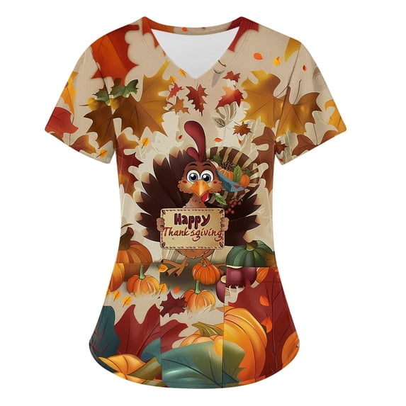 Women's Medical Scrub Tops - Plus Size Stretch V-Neck Short Sleeve Nursing Uniform Thanksgiving Turkey Pumpkin Maple Leaf Print for Hospital Clinic Work Brown 5XL