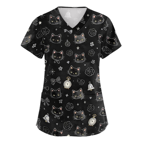 Women's Medical Scrub Tops, Plus Size Stretch V-Neck Short Sleeve Nursing Uniform for Hospital, Clinic Work - Black - XXL