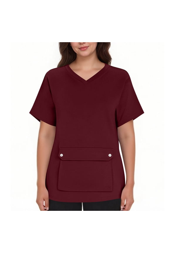 Women's Medical Scrub Tops V-Neck Short Sleeve Scrub Shirts with Big Pocket Solid Color Scrubs Pullover Top
