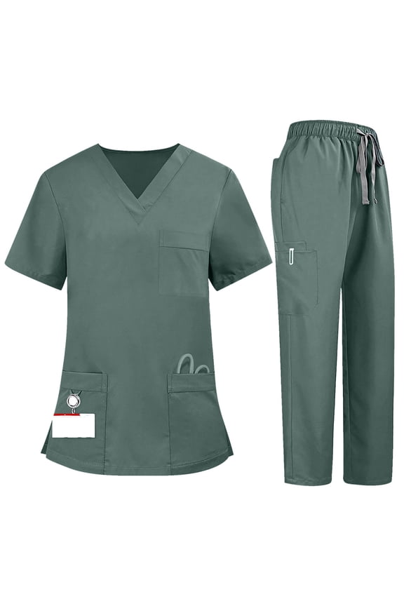Women's Medical Scrub Uniform Quick Dry Fabric V-Neck Top & Pants Professional Scrubs Set for Nurses Green S