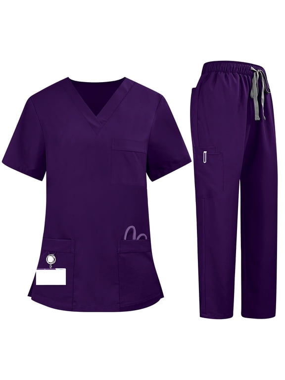 Women's Medical Scrub Uniform Quick Dry Fabric V-Neck Top & Pants Professional Scrubs Set for Nurses Purple L