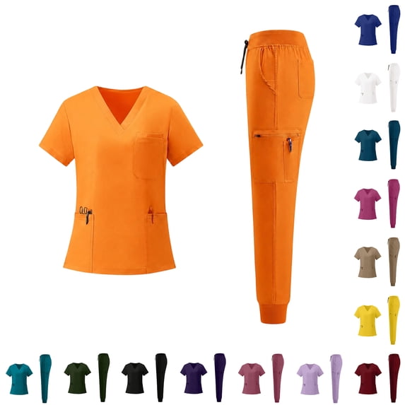 Women's Medical Scrubs Set V Neck Short Sleeve Scrubs Top and Taper Cargo Pants Solid Healthcare Easy Care 2 Pieces Outfit, XL