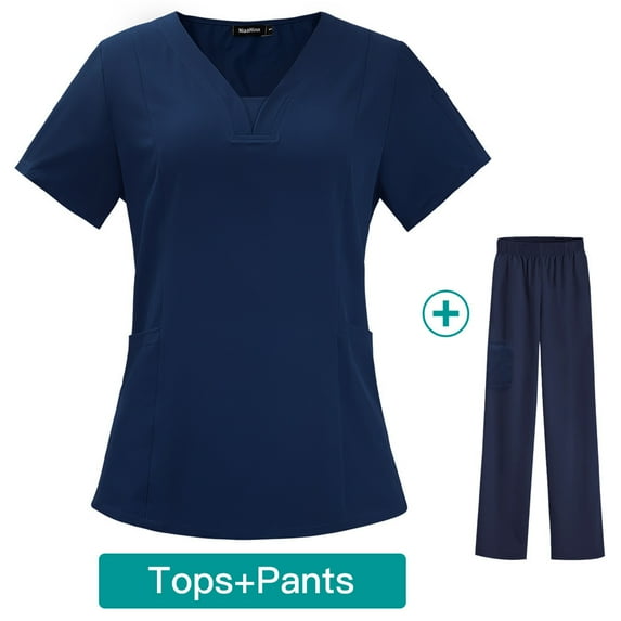 Women's Medical Uniform Scrubs Set Medical Scrubs Top Pants Short Sleeve Pockets Blouse Solid Color Work Cloth V-Neck Top Drawstring Pants