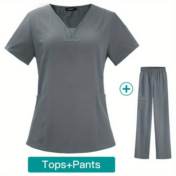 Women's Medical Uniform Scrubs Set Medical Scrubs Top Pants Short Sleeve Pockets Blouse Solid Color Work Cloth V-Neck Top Drawstring Pants