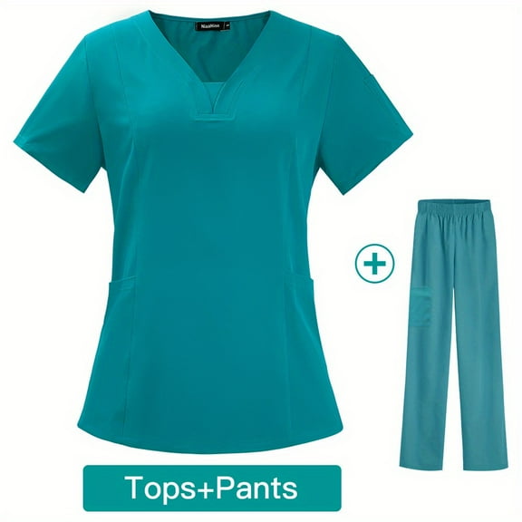 Women's Medical Uniform Scrubs Set Medical Scrubs Top Pants Short Sleeve Pockets Blouse Solid Color Work Cloth V-Neck Top Drawstring Pants