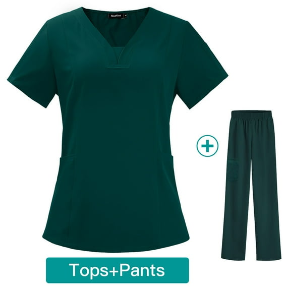 Women's Medical Uniform Scrubs Set Medical Scrubs Top Pants Short Sleeve Pockets Blouse Solid Color Work Cloth V-Neck Top Drawstring Pants