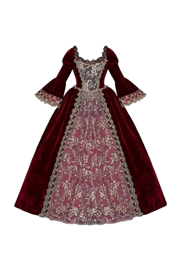 Women's Medieval Ball Gown Red Civil War Dress Southern Belle Gown Floral Lace Dress