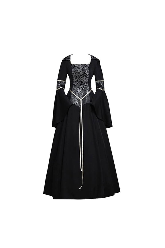 Women's Medieval Clothing Vintage Renaissance Punk Women's Trumpet Sleeved Large Skirt Hem Dress Black 3XL