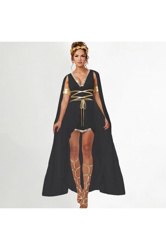 Women's â Adult Greek Goddess Dress â V-Neck Toga with Cape and Gold Trim â Elegant Outfit for Halloween and Parties â Available in White, Black â Sizes S-XL