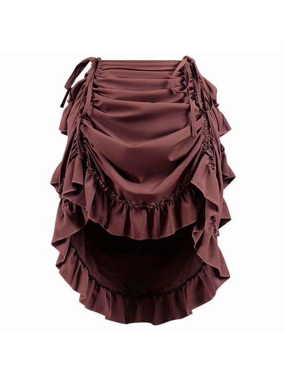 Women's Medieval High Low Skirt Steampunk Irregular Ruffle Hem Ruched Skirts Vintage Gothic Pirate Costumes