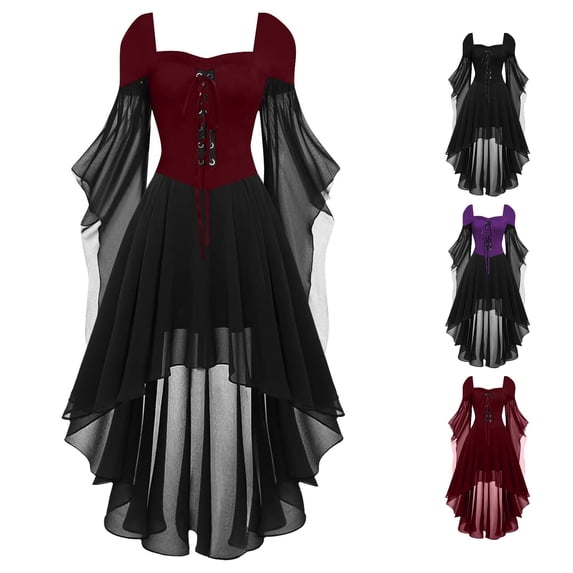 Women's Hooded Dress with Lace-Up Bodice and Bell Sleeves