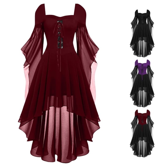 Women's Hooded Dress with Lace-Up Bodice and Bell Sleeves