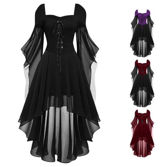 Women's Hooded Dress with Lace-Up Bodice and Bell Sleeves