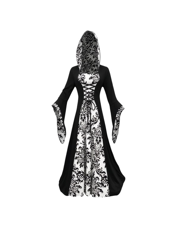 Women's Medieval Hooded Maxi Dress, Gothic Steampunk Dresses, Victorian Queen Ball Gown, Masquerade Medieval Party Dresses, Adult Vintage Lace Trumpet Sleeves Witch Costume