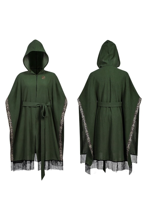Women's Hooded Wool Cloak, Dark Green Embroidered Cape Coat with Belt and Fringe for Renaissance