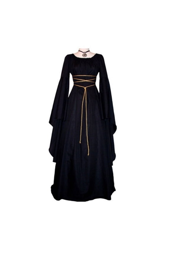 Women's Medieval Renaissance Lace Up Maxi Dress Split Long Sleeve Flowy Halloween Cosplay Gown Black M