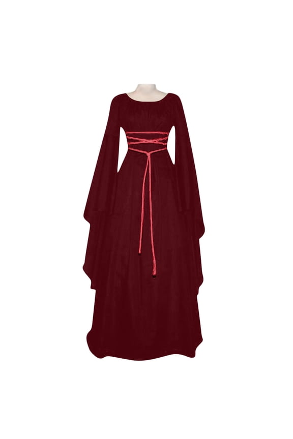 Women's Medieval Renaissance Lace Up Maxi Dress Split Long Sleeve Flowy Halloween Cosplay Gown Wine M