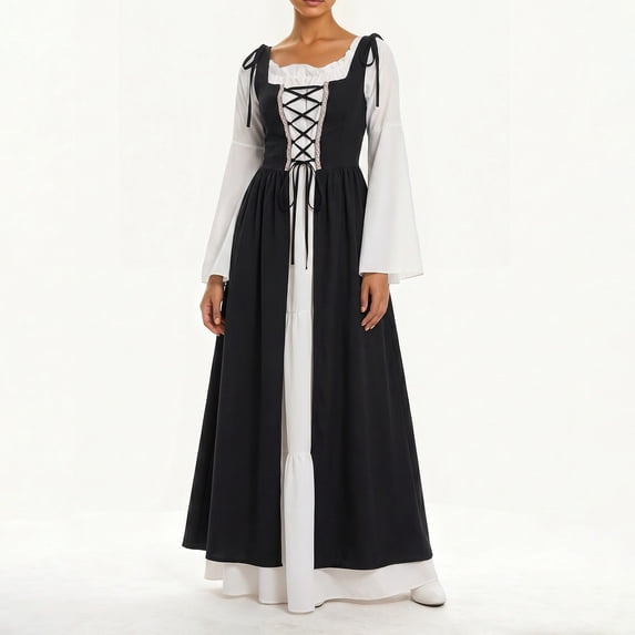 Women's Medieval Renaissance Retro Dress Casual Off Flare Sleeve A-line Dress Halloween Parties Costume Events(Black,XXXXXL)
