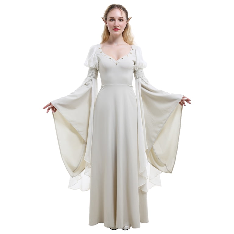 Women's Medieval Renaissance Retro White Fantasy Dress Historical Bell  Sleeves Fairy Elf Gown - Walmart.com