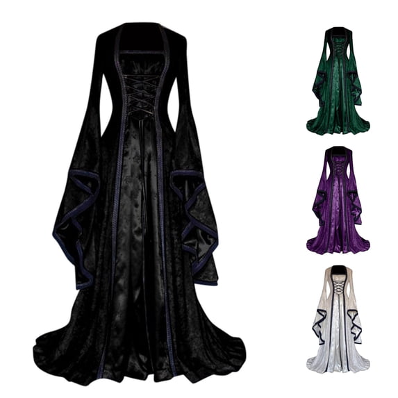 Women's Retro Princess Dress with Trumpet Sleeves Solid Color Gown
