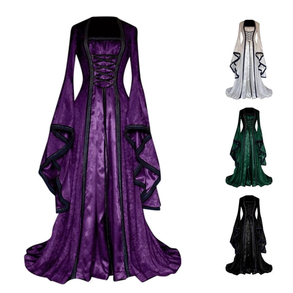 Women's Retro Princess Dress with Trumpet Sleeves Solid Color Gown