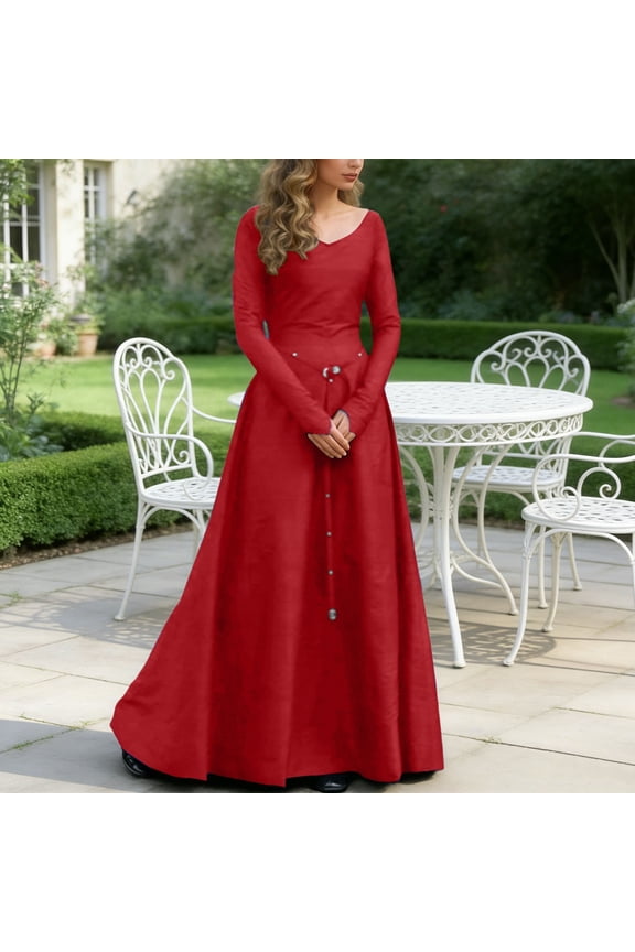 Women's Medieval-Style Vintage Dress Medieval Casual Dress Elegant Flowy Long Sleeve Boho Aesthetic Daily Wear Dresses For Women Red S