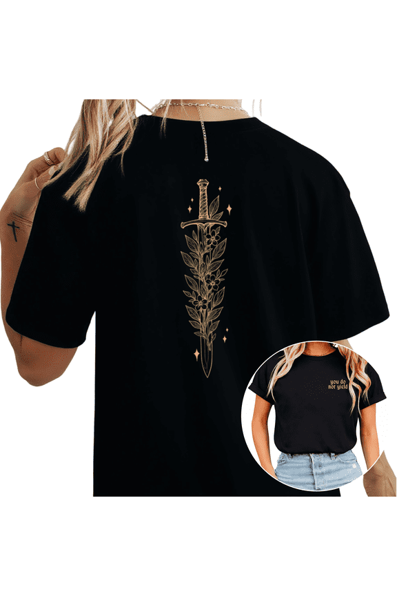 Women’s Medieval Sword Rose Flower Book Printed Graphic Tees T-shirt Loose Raglan Basic Tops Short Sleeve Black S-5XL