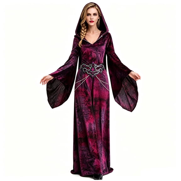 Women's Medieval Witch Costume Velvet Hooded Long Dress with Belt - Halloween Renaissance Sorceress Cosplay Gown for Theme Party