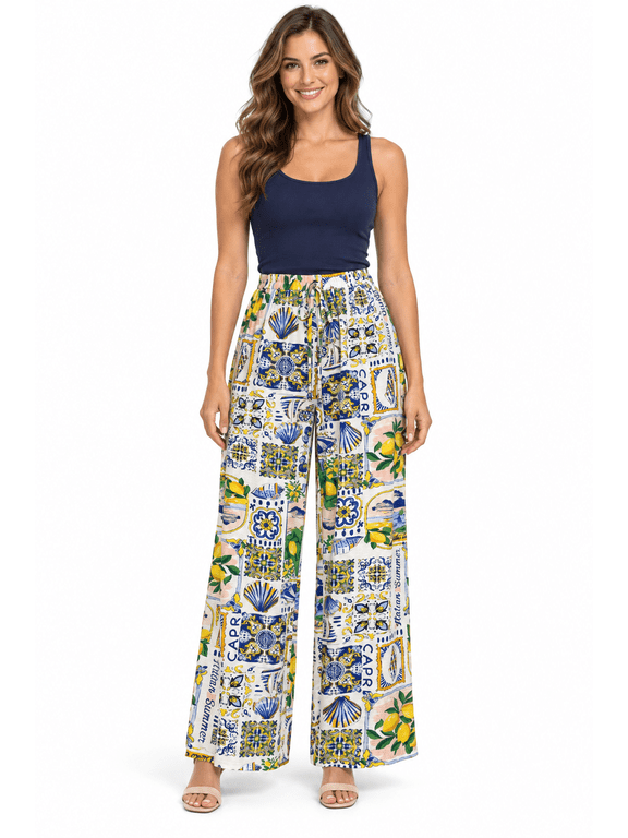 Women’s Mediterranean Capri Print Wide-Leg Pants with Elastic Drawstring Waist