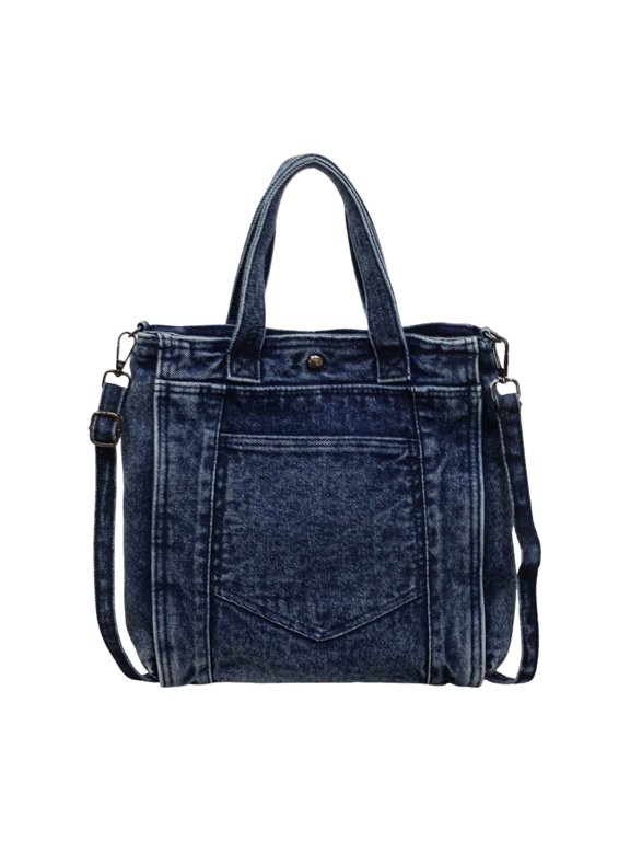 Women's Medium Denim Tote Bag - Square Shoulder Purse with Magnetic Closure, Front Pocket and Adjustable Crossbody Strap