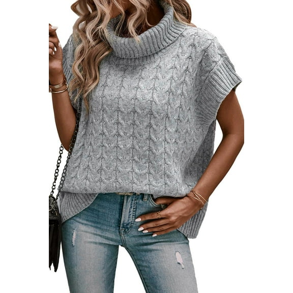 Women's Medium Grey Cable Knit Turtleneck Batwing Sleeve Sweater