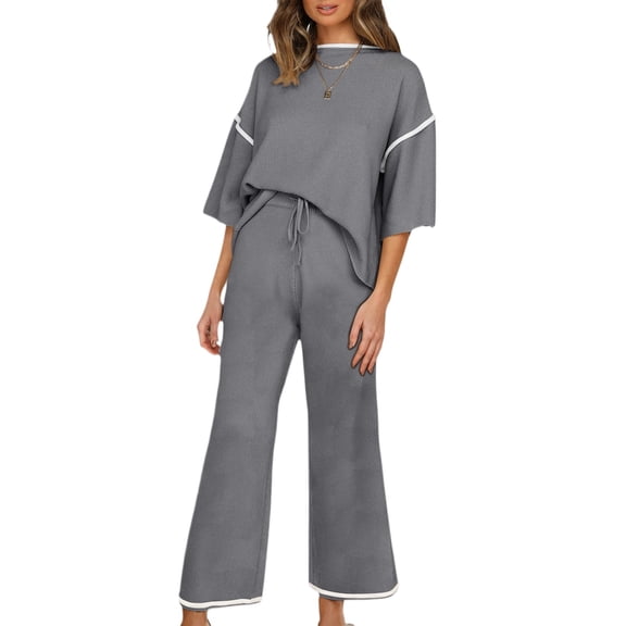 Women's Medium Grey Colorblock Sweater Suit – Casual Half Sleeve Top & Drawstring Pants Set [ZhiHiMeRi] | 2XL