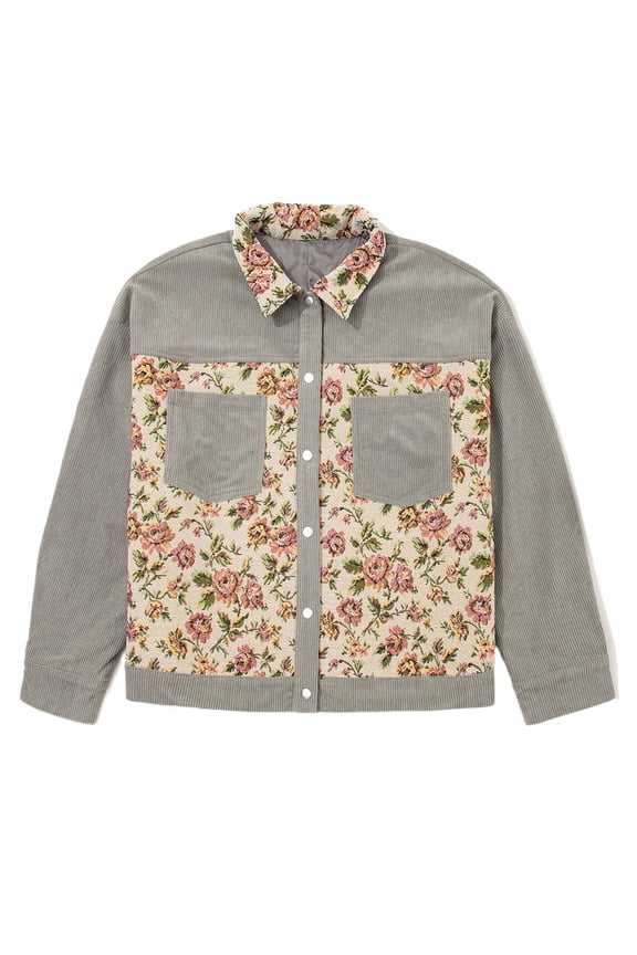 Women's Medium Grey Corduroy Floral Patchwork Jacket – Vintage V-Neck Long Sleeve for Daily Casual Wear, 4X