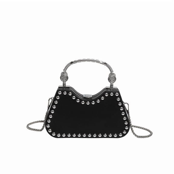 Women's Medium Hard PU Leather Horizontal Square Box Bag with Metal Rivets, Lock Closure, Internal Phone & ID Pockets, Retro Cross-border Trend Style Crossbody Shoulder Bag for Daily Matching