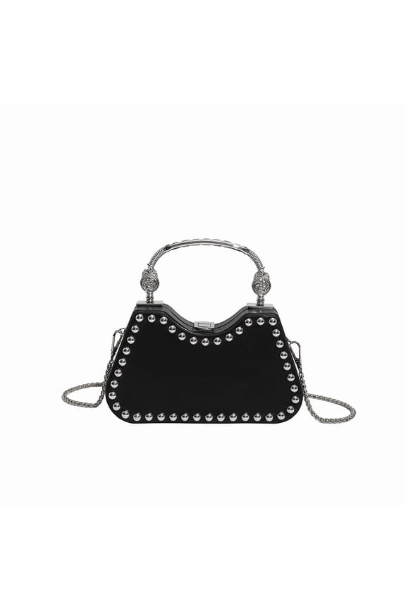 Women's Medium Hard PU Leather Horizontal Square Box Bag with Metal Rivets, Lock Closure, Internal Phone & ID Pockets, Retro Cross-border Trend Style Crossbody Shoulder Bag for Daily Matching