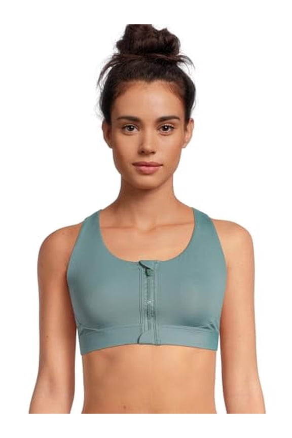 Women's Medium Impact Zip Front Sports Bra, Greyed Teal, Small