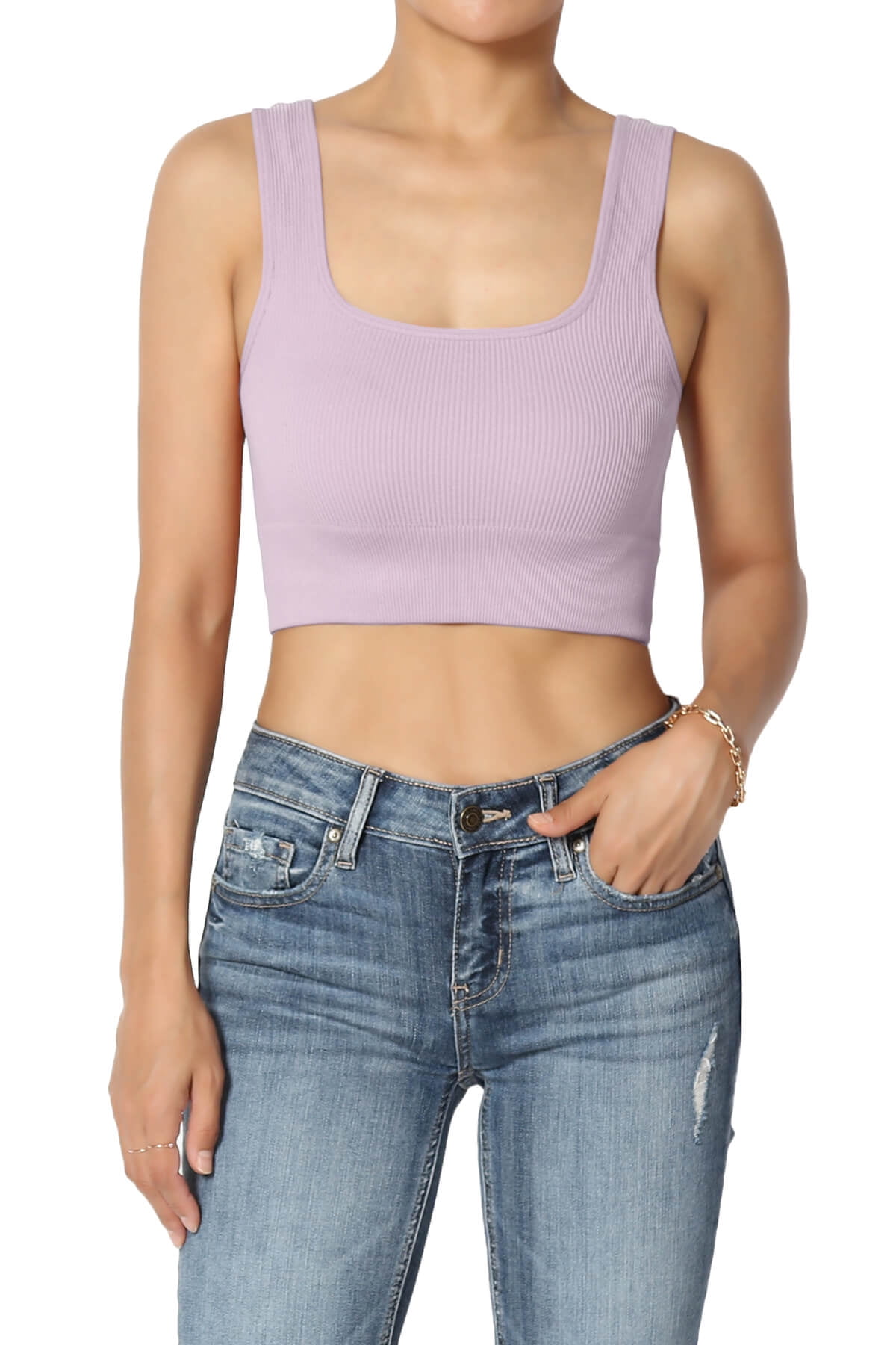 TheMogan S~XL Square Neck Stretchy Ribbed Seamless Cropped Tank