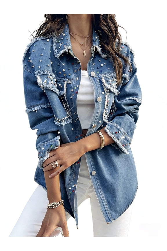 Women's Medium Wash Studded Denim Shacket, Oversized Pearl Embellished Jean Jacket