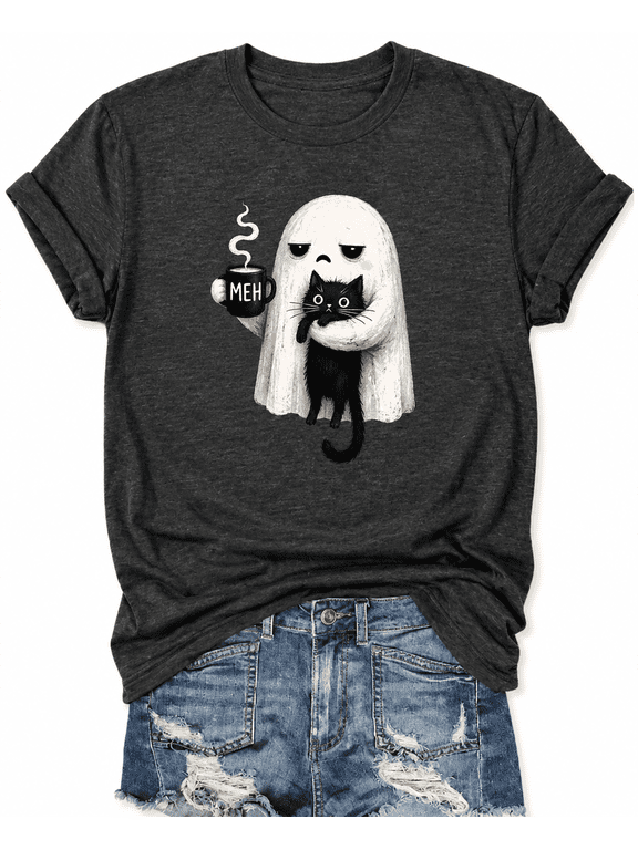 Women’s Meh Ghost Coffee Black Cat T-Shirt, Sarcastic Halloween Graphic Tee, Funny Spooky Season Top