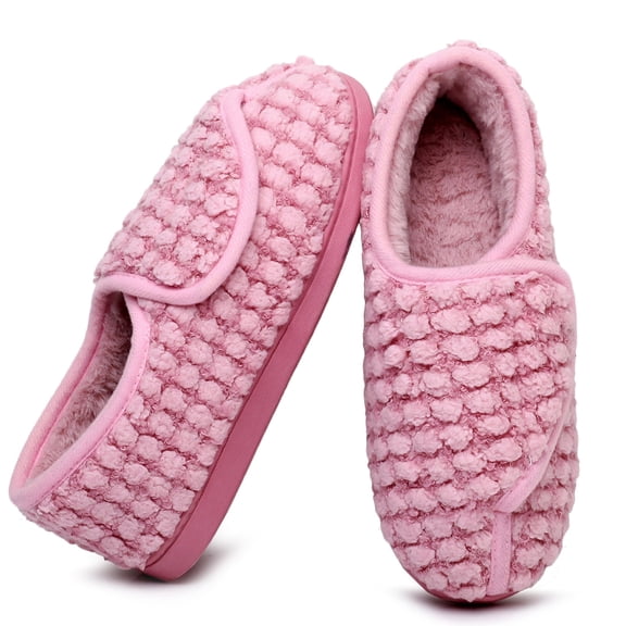 Women's Memory Foam Adjustable Slippers with Plaid Upper Hook & Loop Closure Comfortable House Shoes Closed Toe, Pink 9.5