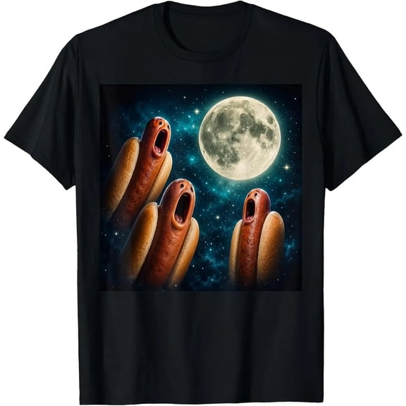 Women's Men Three Magical Hotdogs Howling at the Moon Funny Meme T-Shirt Summer