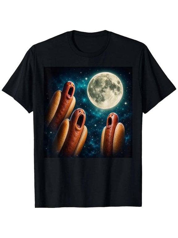 Women's Men Three Magical Hotdogs Howling at the Moon Funny Meme T-Shirt Summer